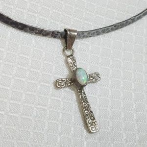 Sterling SILVER Open Cuff Fire Opal Cross Necklace